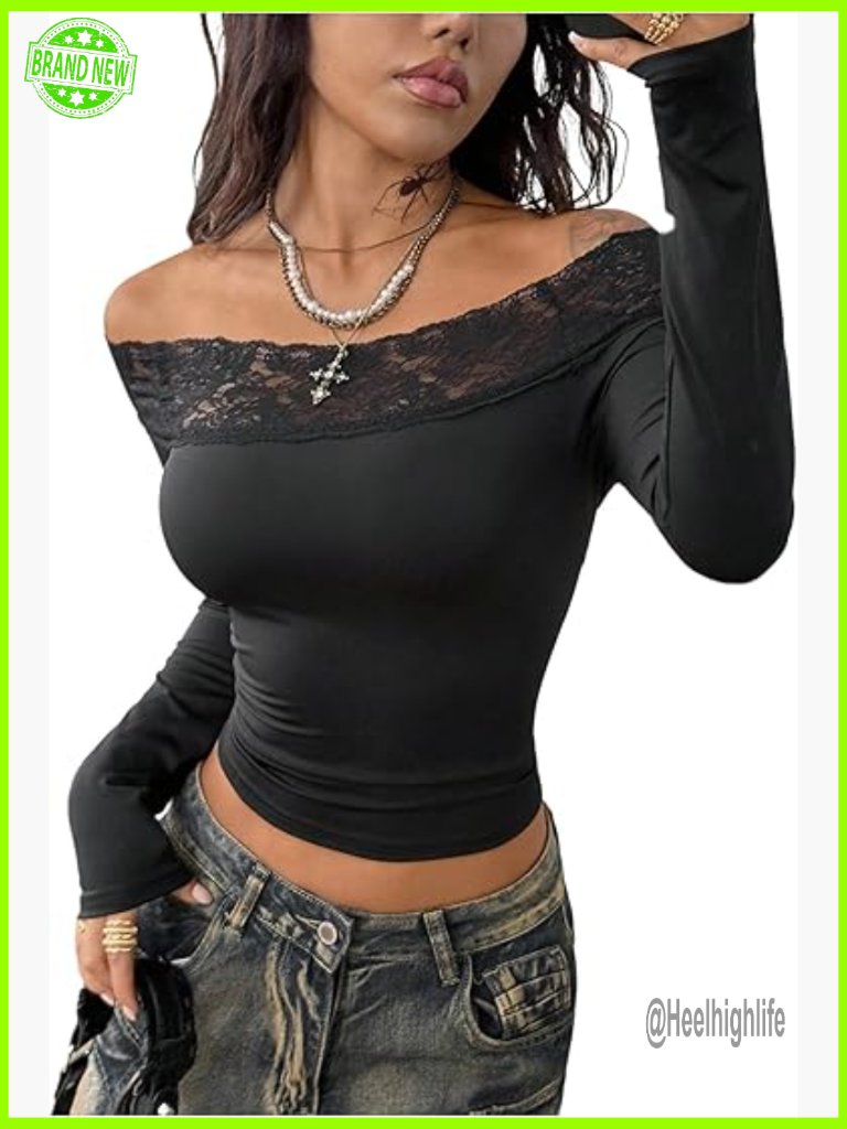 Lace Trim Off Shoulder Crop Top Long Sleeve Slim Fit Fall